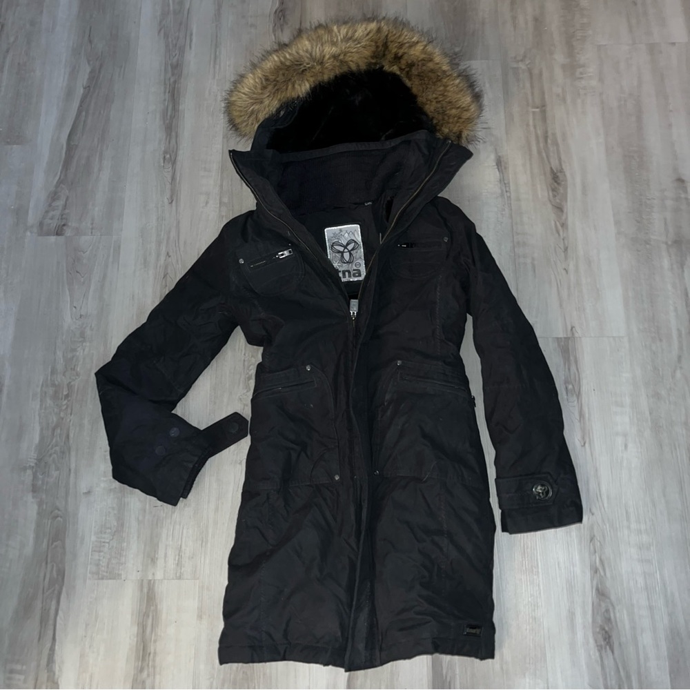 TNA black winter coat long with detachable fur hood XXS